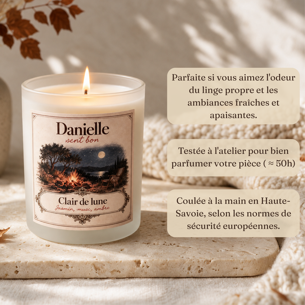 Bougie parfumée Clair de lune (jasmin, musc, ambre), fabriquée à la main en Haute-Savoie – Danielle sent bon