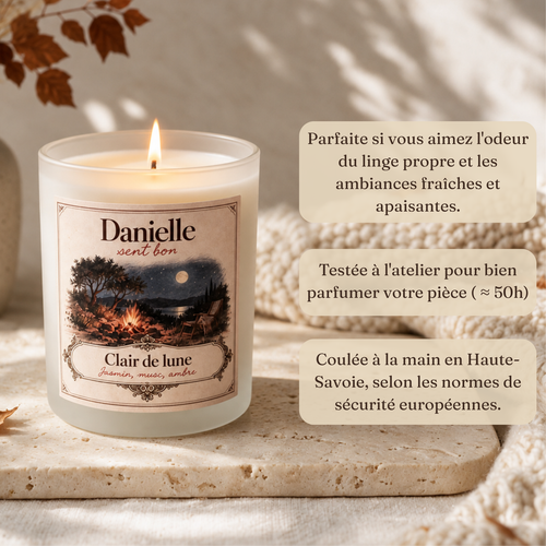 Bougie parfumée Clair de lune (jasmin, musc, ambre), fabriquée à la main en Haute-Savoie – Danielle sent bon