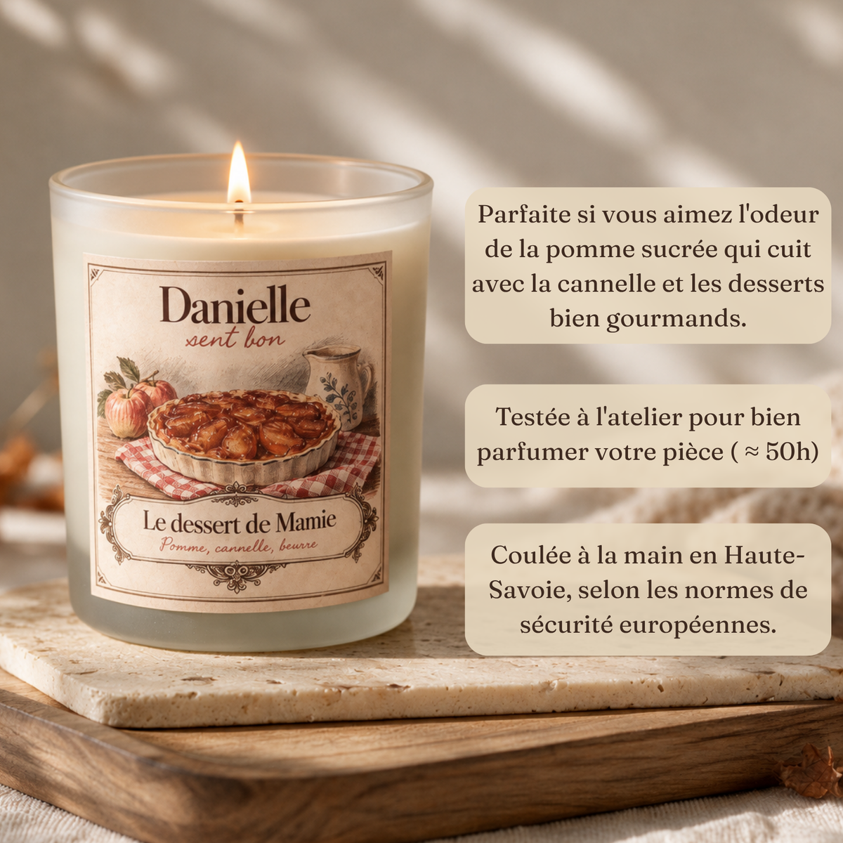 Bougie parfumée Le Dessert de Mamie (pomme, cannelle, beurre), fabriquée à la main en Haute-Savoie – Danielle sent bon