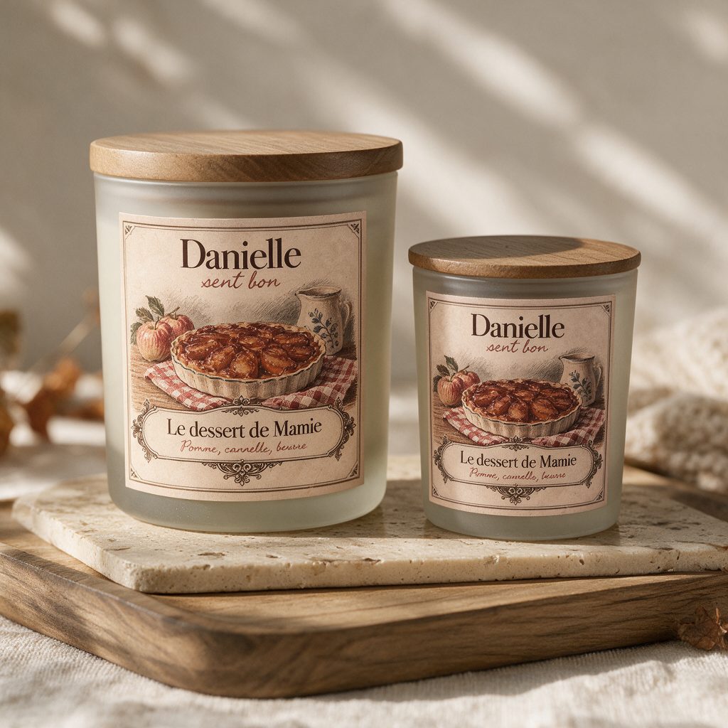 Bougies parfumées artisanales Le Dessert de Mamie (pomme, cannelle, beurre) en deux tailles avec couvercle en bois – Danielle sent bon
