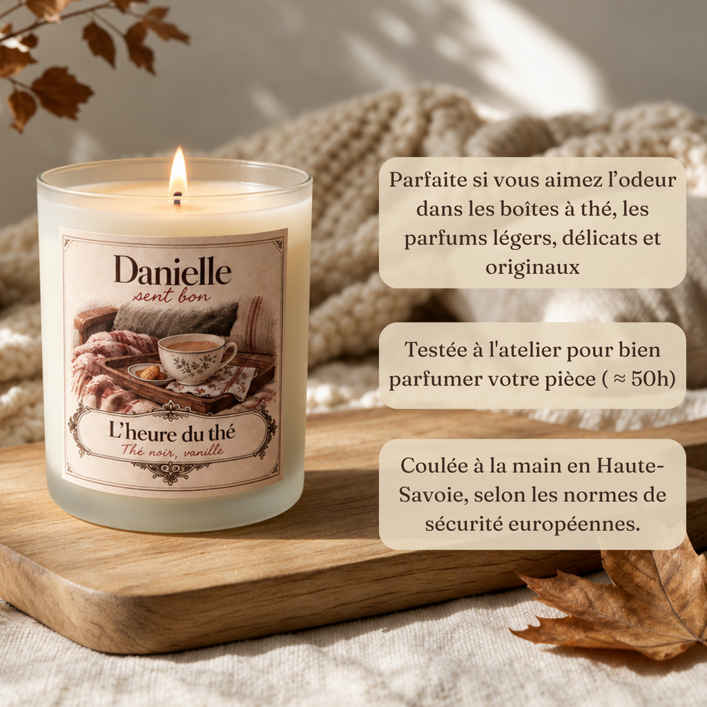 Bougie parfumée L'Heure du Thé (thé noir, vanille), fabriquée à la main en Haute-Savoie – Danielle sent bon