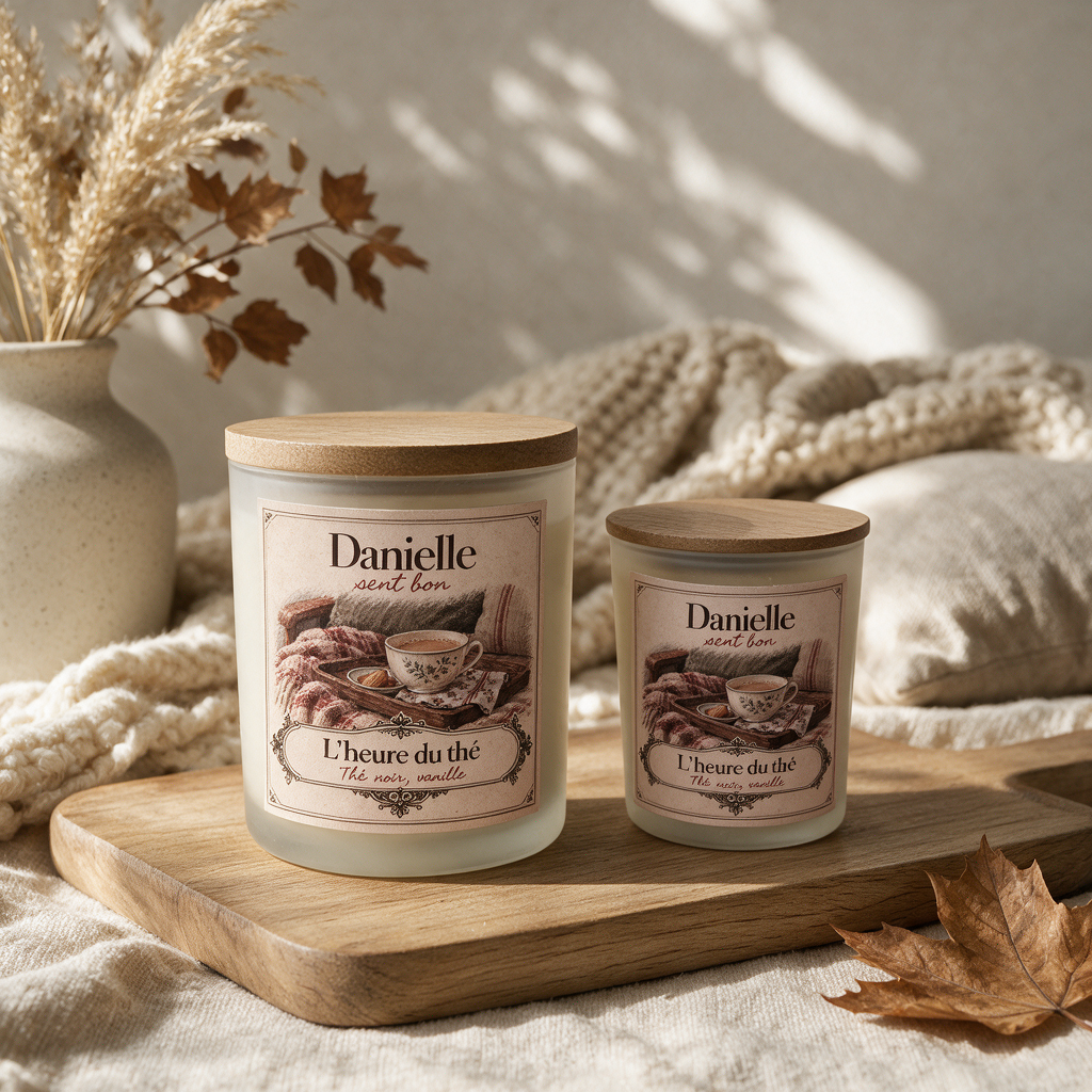 Bougies parfumées artisanales L'Heure du Thé (thé noir, vanille) en deux tailles avec couvercle en bois – Danielle sent bon