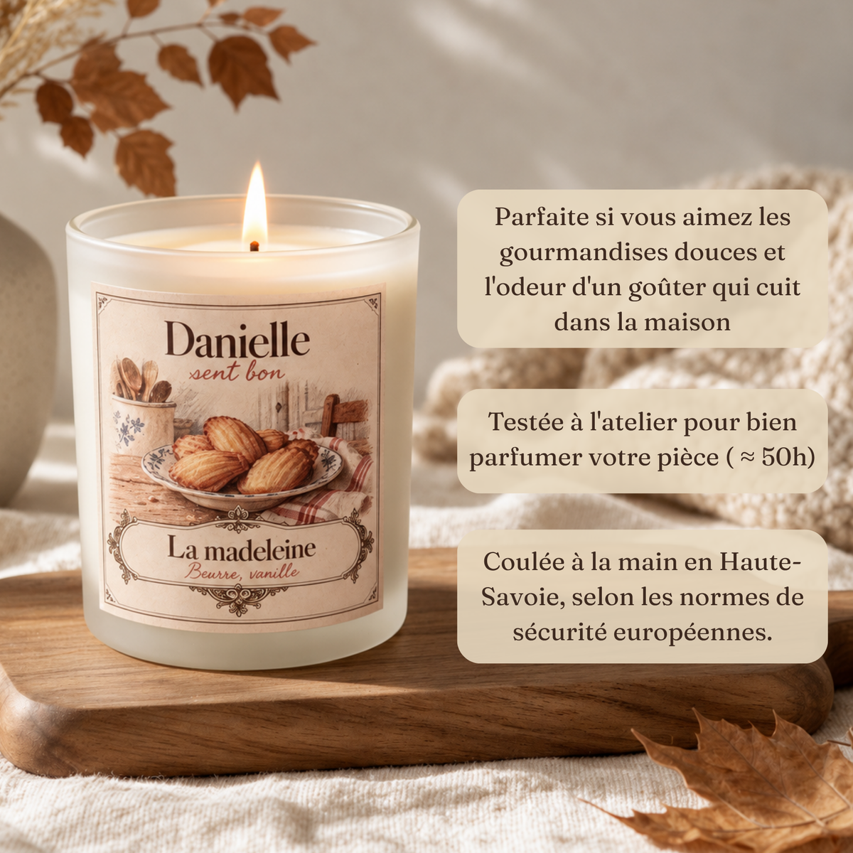 Bougie parfumée La Madeleine (beurre, vanille), fabriquée à la main en Haute-Savoie – Danielle sent bon