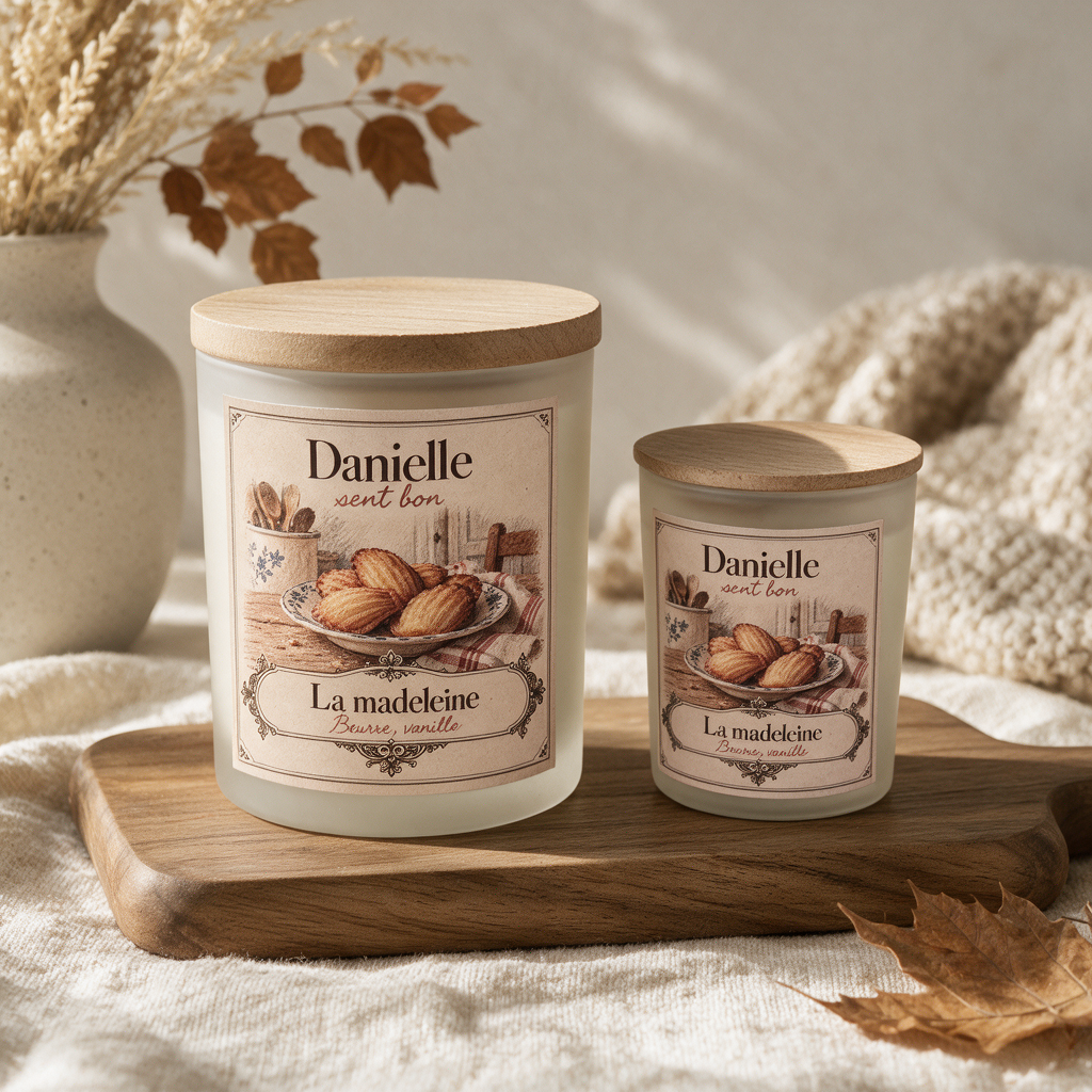 Bougies parfumées artisanales La Madeleine (beurre, vanille) en deux tailles avec couvercle en bois – Danielle sent bon