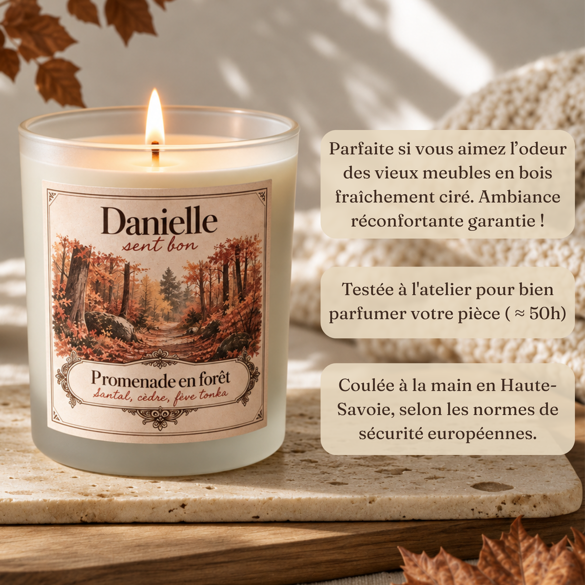 Bougie parfumée Promenade en forêt (santal, cèdre, fève tonka), fabriquée à la main en Haute-Savoie – Danielle sent bon