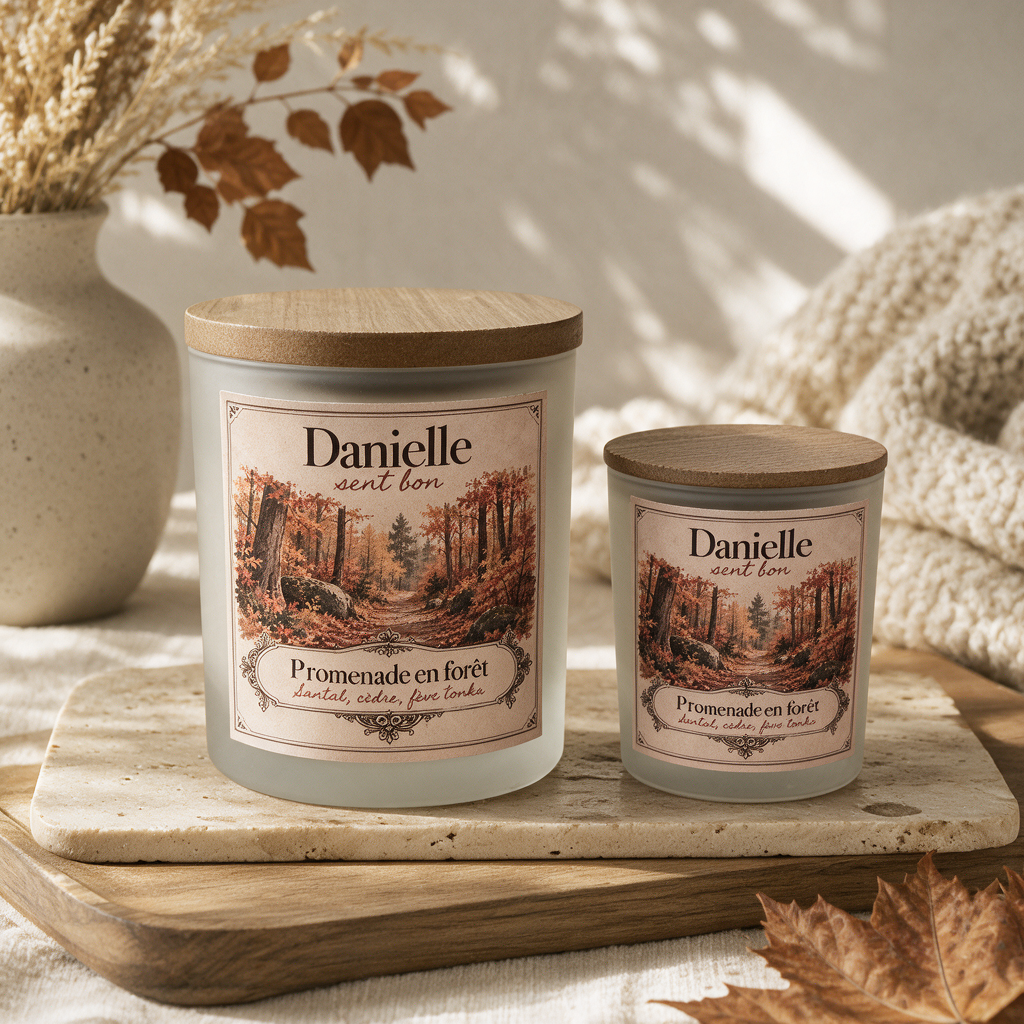 Bougies parfumées artisanales Promenade en forêt (santal, cèdre, fève tonka) en deux tailles avec couvercle en bois – Danielle sent bon