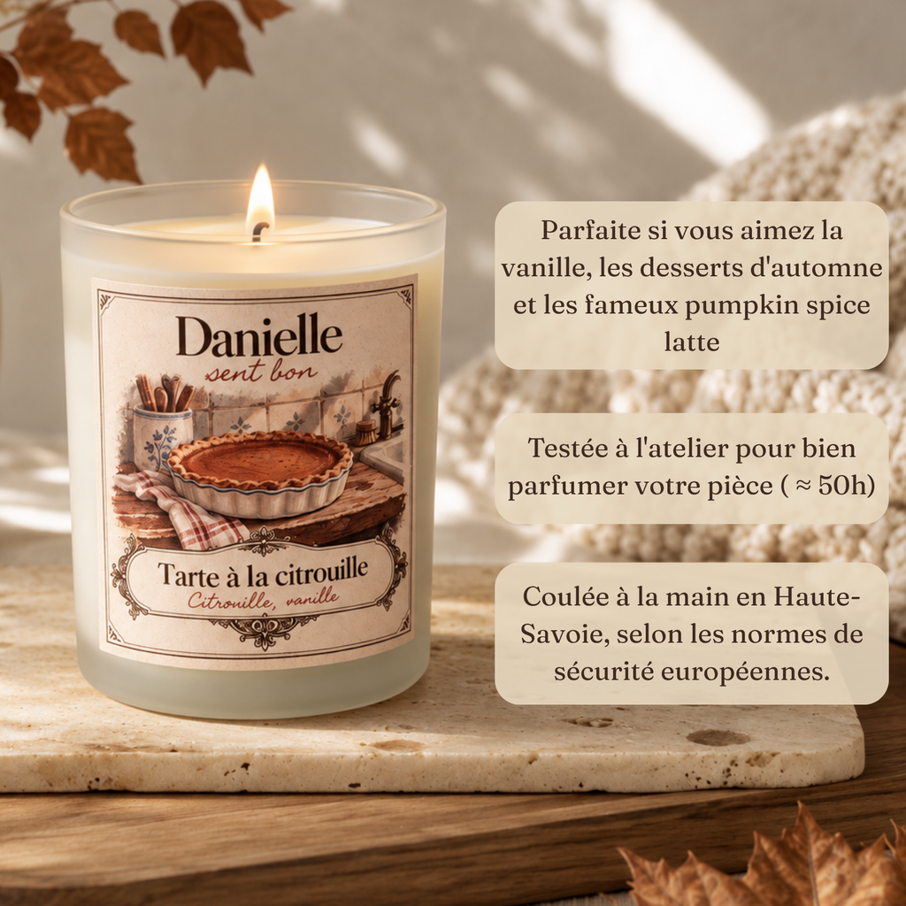 Bougie parfumée Tarte à la citrouille (citrouille, vanille), fabriquée à la main en Haute-Savoie – Danielle sent bon