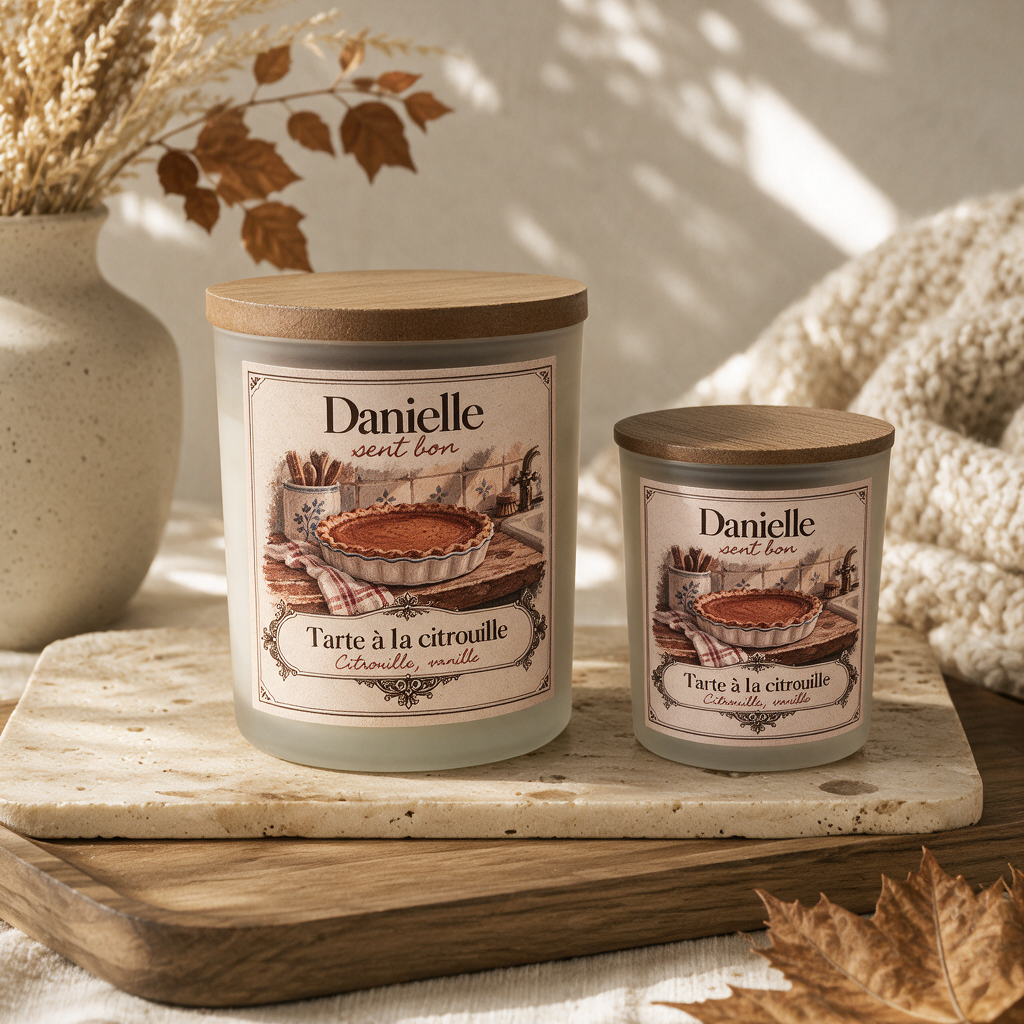 Bougies parfumées artisanales Tarte à la citrouille (citrouille, vanille) en deux tailles avec couvercle en bois – Danielle sent bon