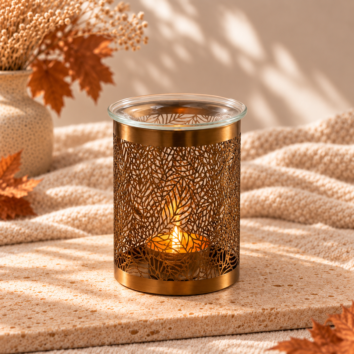 Brûleur à parfum en métal doré à motif feuilles pour fondants parfumés, bougie chauffe-plat allumée – Danielle sent bon