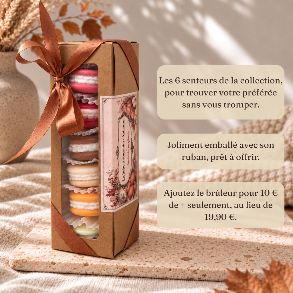 Coffret découverte de 6 fondants parfumés en forme de macarons, un par senteur, avec brûleur à parfum – Danielle sent bon