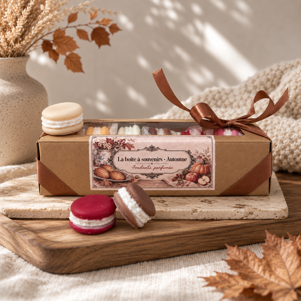 Coffret cadeau de fondants parfumés en forme de macarons, La boîte à souvenirs Automne – Danielle sent bon