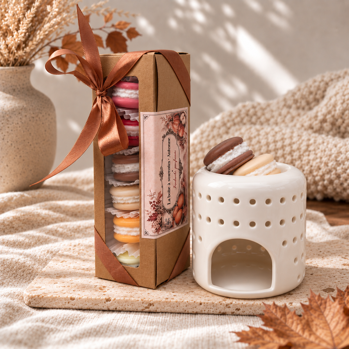 Coffret de fondants parfumés en forme de macarons La boîte à souvenirs Automne et brûleur à parfum en céramique – Danielle sent bon