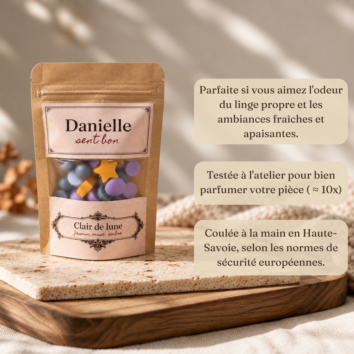 Fondants parfumés Clair de lune (jasmin, musc, ambre), fabriqués à la main en Haute-Savoie – Danielle sent bon