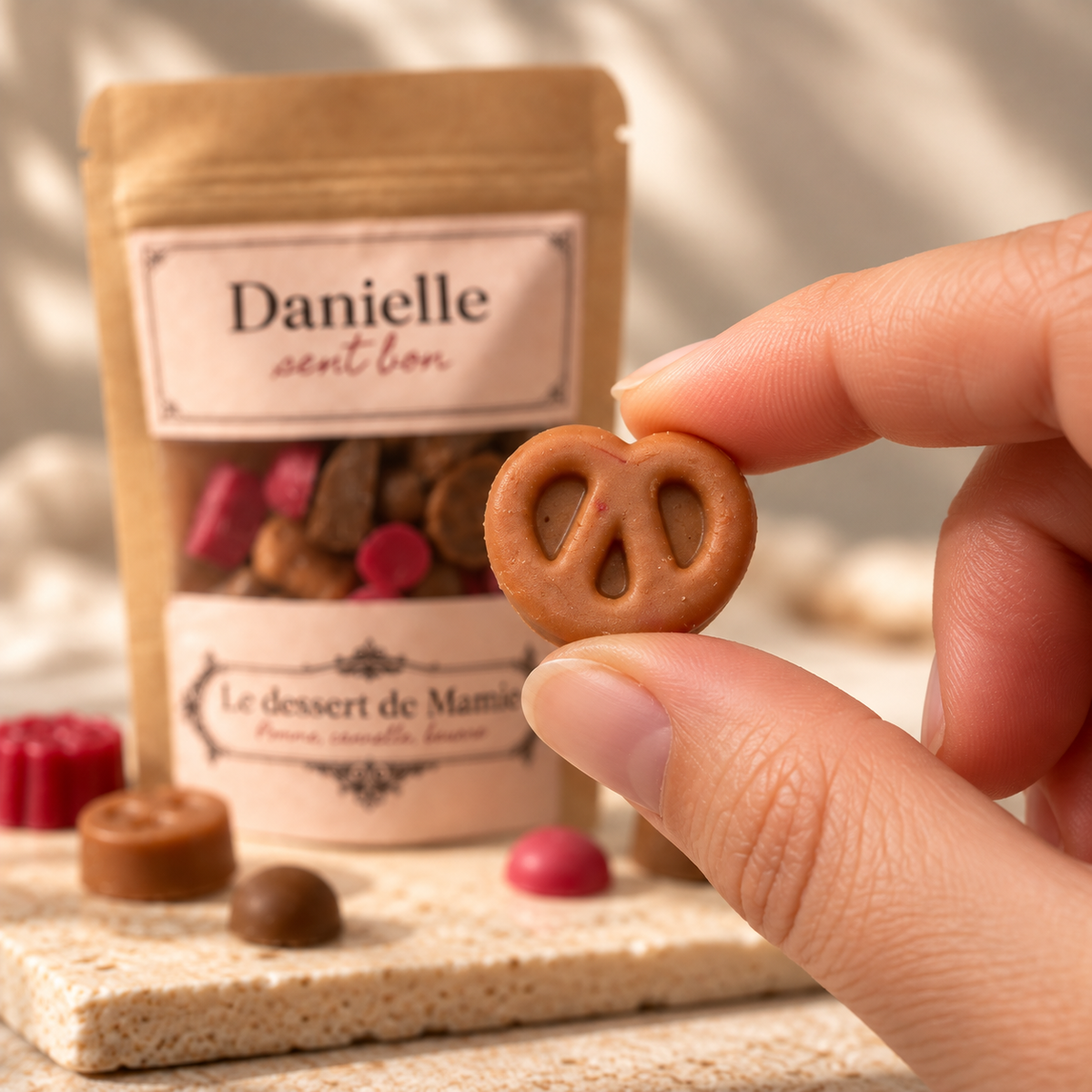 Fondant parfumé Le Dessert de Mamie (pomme, cannelle, beurre) en forme de bretzel pour brûle-parfum – Danielle sent bon