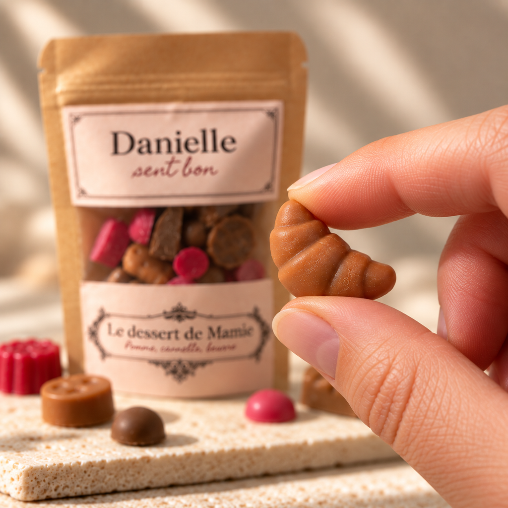 Fondant parfumé Le Dessert de Mamie (pomme, cannelle, beurre) en forme de croissant pour brûle-parfum – Danielle sent bon