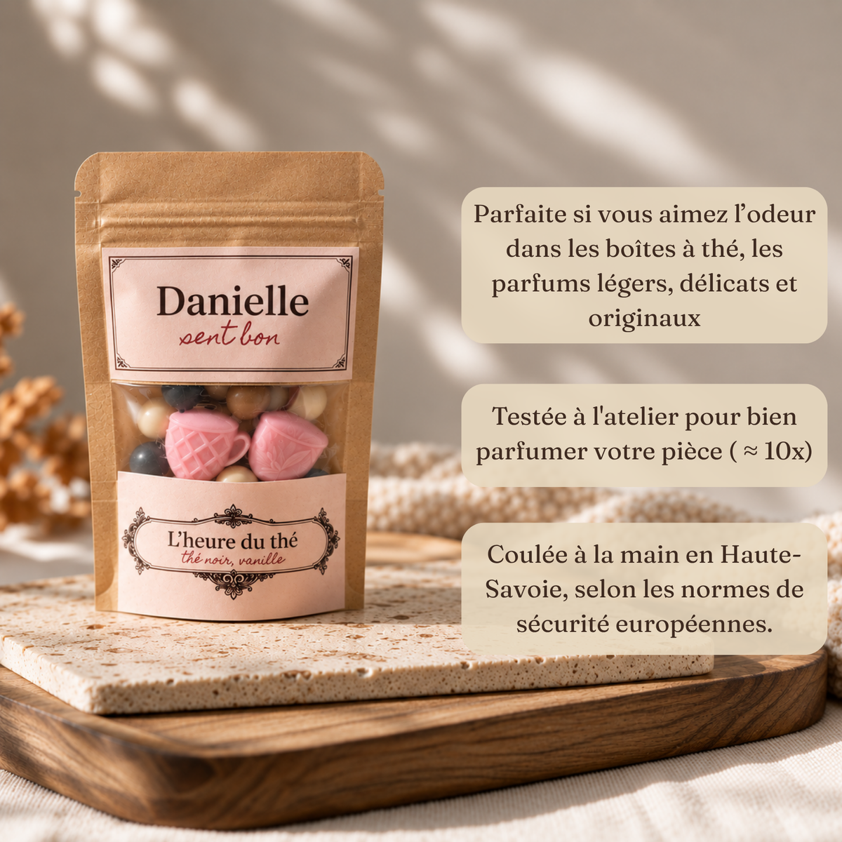 Fondants parfumés L'Heure du Thé (thé noir, vanille), fabriqués à la main en Haute-Savoie – Danielle sent bon