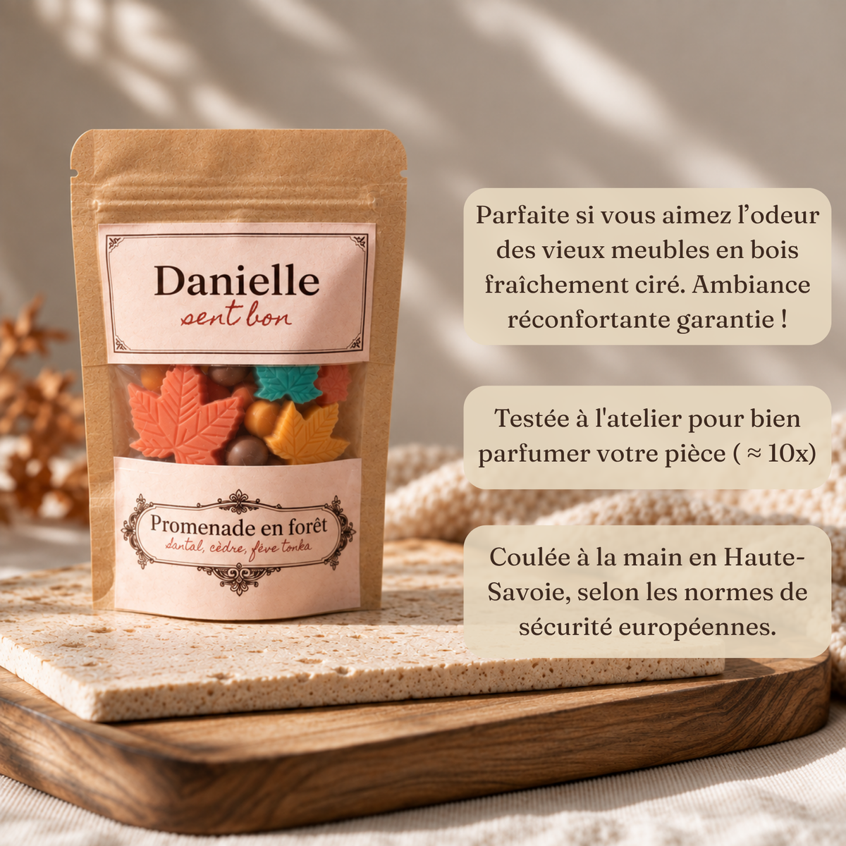 Fondants parfumés Promenade en forêt (santal, cèdre, fève tonka), fabriqués à la main en Haute-Savoie – Danielle sent bon